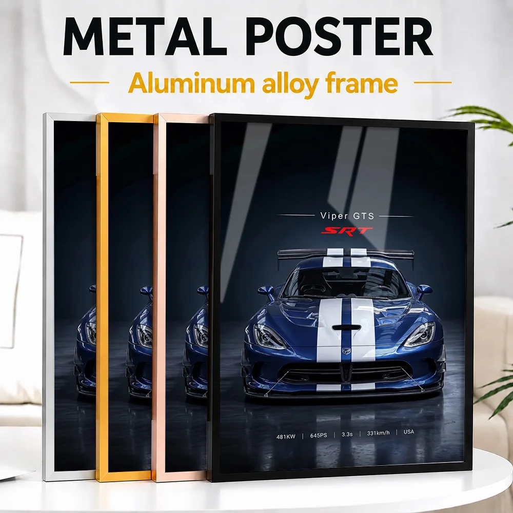 Blue American Viper GTS Car Framed Aluminum Metal Poster Personalized Studio Graphic Wall Art For Home Racing Simulator Room