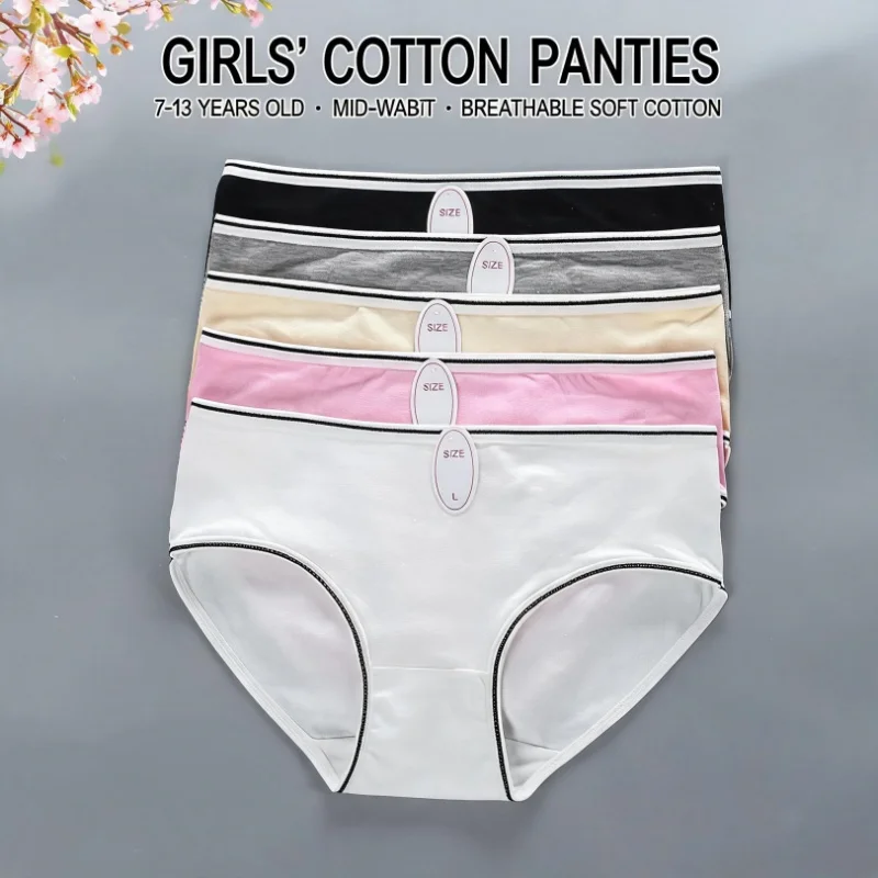Breathable Solid Color Middle Waist Cotton Briefs Japanese Korean Style for Teen Girls 7-13 Years Old Panties