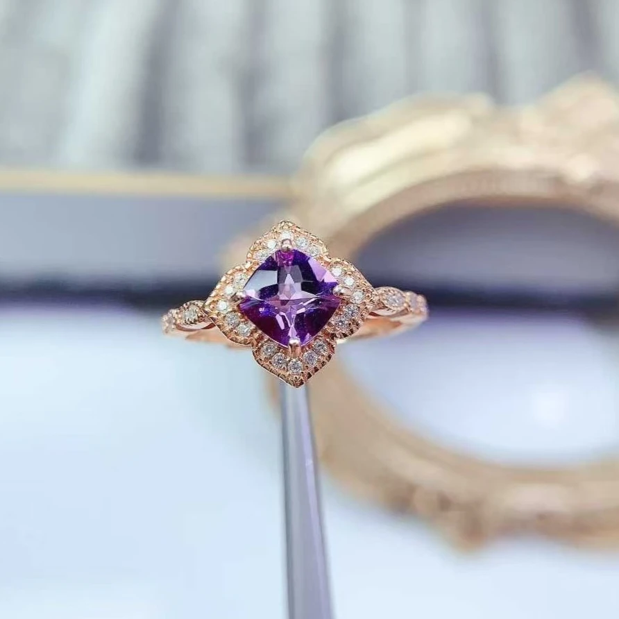 

Sterling Silver Gemstone Ring Natural Amethyst Ring 6mm 0.8ct Genuine Amethyst Jewelry with 18K Gold Plating