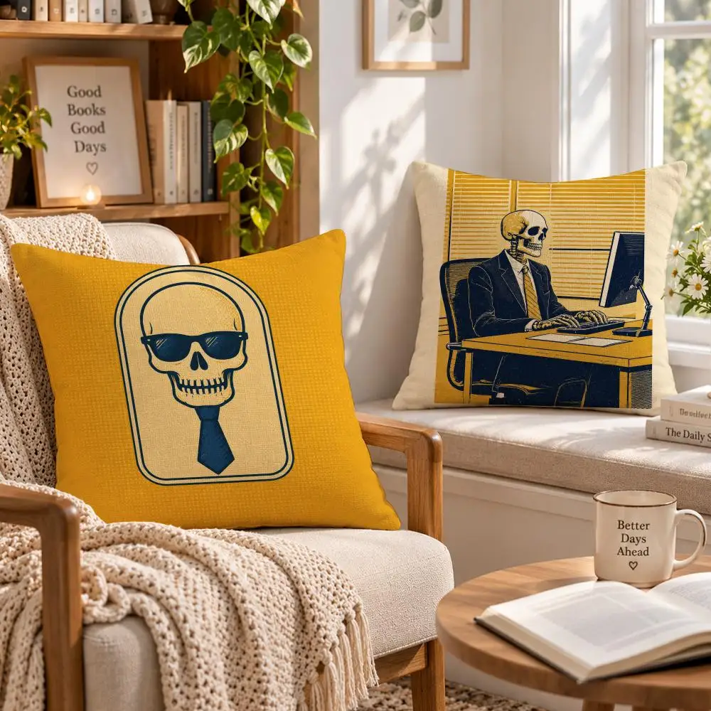 Art Funny O-Office Work Overtime Skull Cushion Cover Soft Short Cover Washable Sofa Bed Dorm Garden Home Office Chair Decor