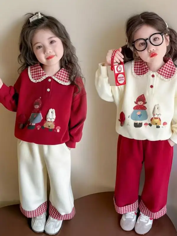 

Комплект для девочек: удобная толстовка и брюки, весна 2026, новинка, красный клетчатый комплект из двух предметов с контрастными вставками, в корейском стиле