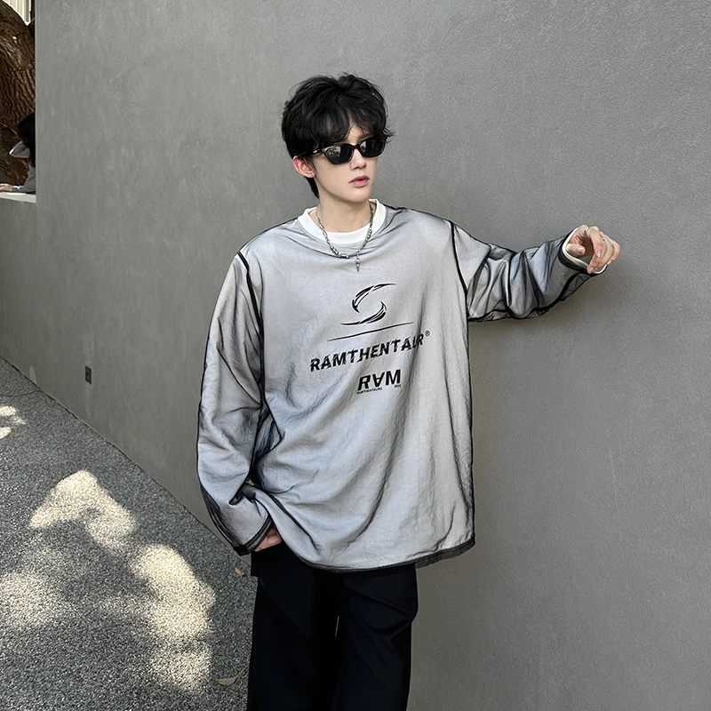 WTHT Fashion Men's Letter Print Spliced Mesh Design High Street T-shirts Trendy Shoulder Pads Round Collar Tops Male 2A3009