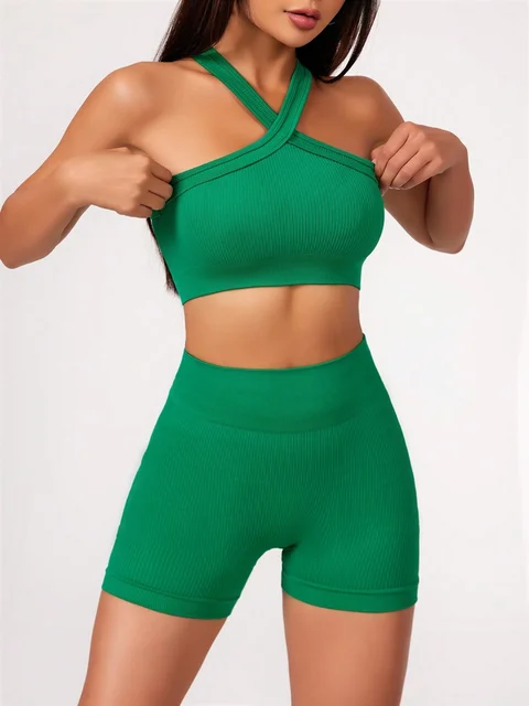 2Pcs Zestawy do jogi Naked Feel Zestaw do ćwiczeń dla kobiet Odzież treningowa Szorty do jogi z wysoką talią i biustonosz sportowy z paskami Krótkie zestawy letnie