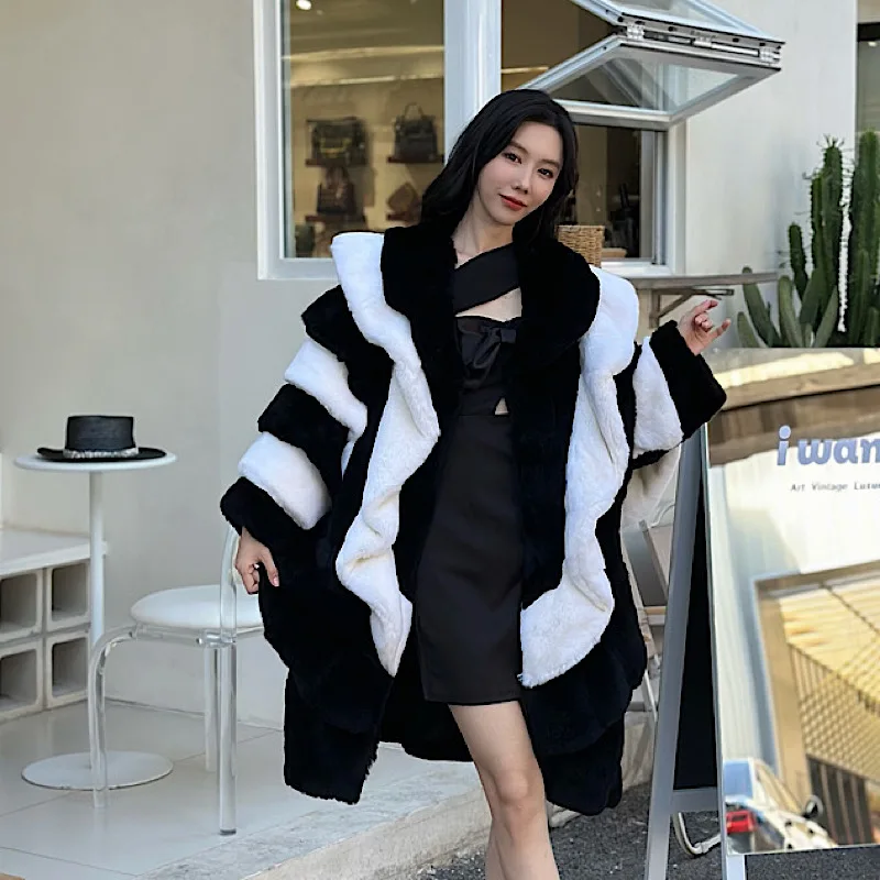 2023 New  Winter Whole Skin Fur Rex Rabbit Hair Fashionable Contrast Lapel Young Medium And Fur Coat Lady