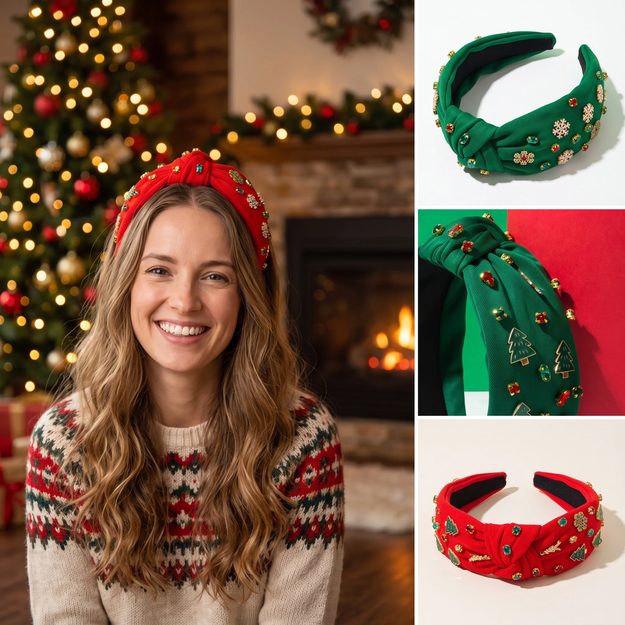Solid Color Diamond Studded Christmas Tree Snowflake Accessory Wide Edge Headband Ins Style Christmas Hair Accessory For Women