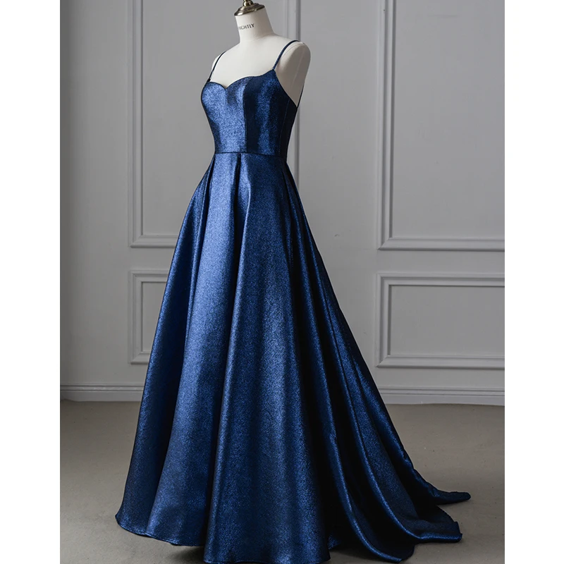 

Luxury Blue Satin Prom Dresses Long Sexy Spaghetti Straps Sweetheart Floor-Length Backless Women Evening Gowns For Gala Party