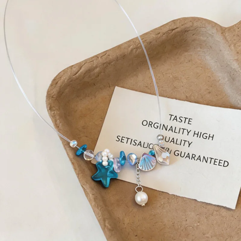 Choker Necklace with Starfish Shell Beads Pearl Clear Fishing Line Summer Seaside Vacation Refined Design for Women