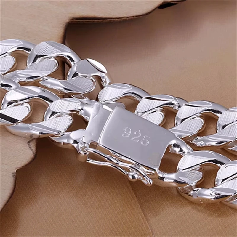New High-end Women's Mens Fine 925 Sterling Silver Bracelet Fashion Jewelry Gift Men's 10MM Square Beautiful Gem