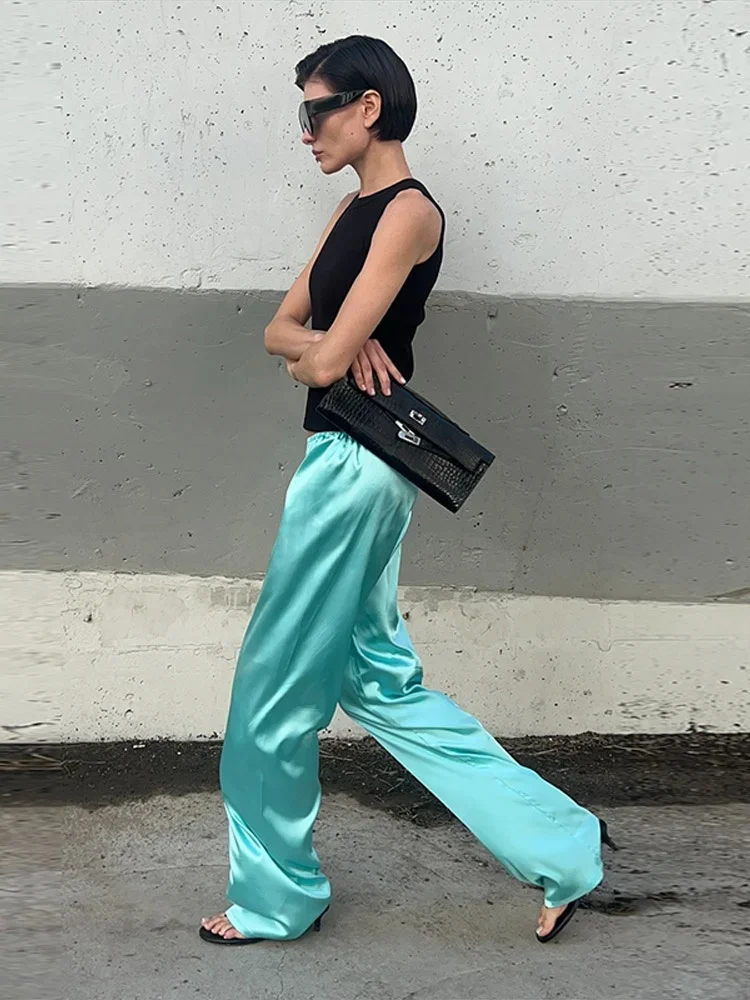 Herbst Damen Mintgrüner Satin 2-Teiliger Anzug Stehkragen Reißverschluss Vorne Lose Langarm-Bluse Weite Hose Urlaubs-Matching-Anzug – Detail 11
