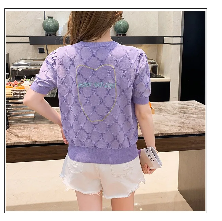 Summer Cartoon Embroidered Women Pullover T-shirt Sweet Fashion Chic Sweaters Tops Short Sleeve Loose Female Casual Knitwear