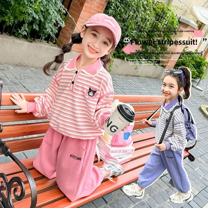 

Anime Sanrio Kids Boutique Clothes Baby Girls Cute Cartoon Kulomi Stripe Polo Sweatshirt Sweatpants 2-piece Set Holiday Gifts