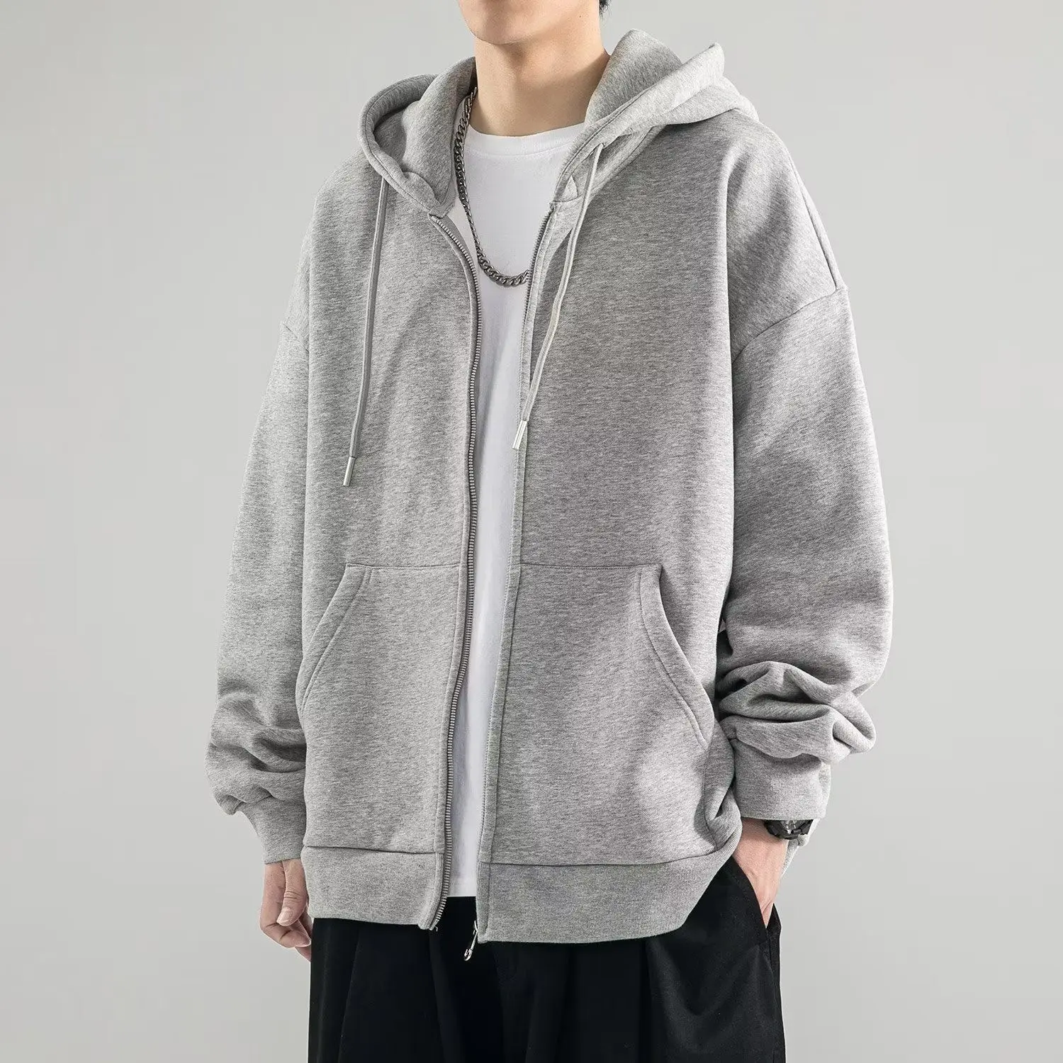 

Men's Oversized Zip-Up Hoodie, Casual Loose-Fit Full-Zip Sweatshirt with Pockets, Basic Heather Streetwear Hooded Jacket