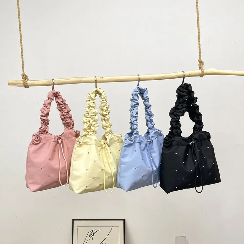 New Waterproof Drawstring Handbag Commuting Bag Large Capacity Inlaid Shoulder Bags Fashionable Elastic Pleated Handbags