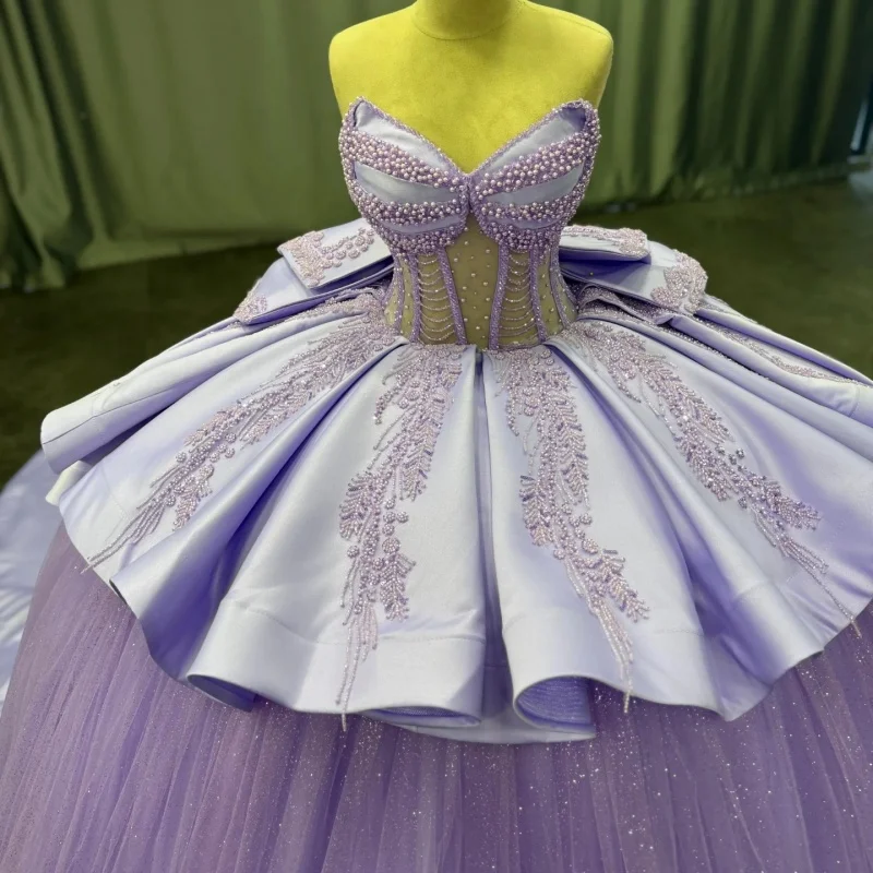 

Лавандово-фиолетовое платье Quinceanera с открытыми плечами, расшитое бисером, блестящая наклейка, длинный хвост, бант, платья de 15, Quinceanera ﻿ Настроить