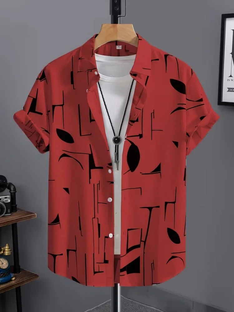 Men's short-sleeved shirt with abstract geometric print, trendy and fashionable, versatile and comfortable for everyday wear.