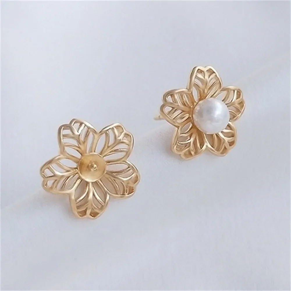 14K Gold Pearl Earring Diy Half-hole Earring 925 Silver Needle Flower-shaped Earring E178