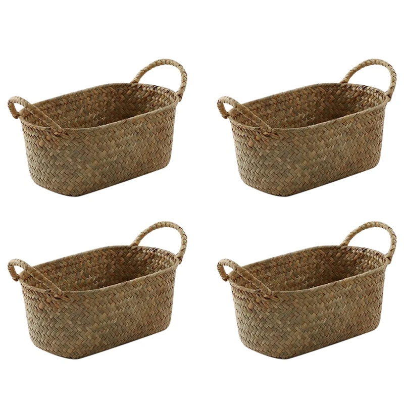 

4X Handmade Woven Storage Basket Straw Food Container Makeup Organizer Rattan Breadfruit Case Holder(S,24X15x9cm)