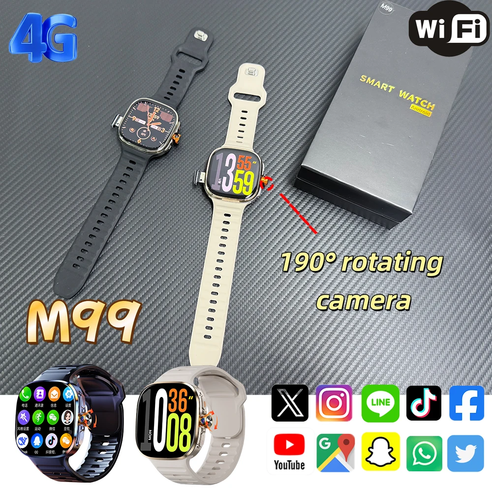 

M99 Android Smart Watch 4G Network SIM Card 1.95'' AMOLED 480*480 Large Screen 190° Rotating Camera APP Download Smartwatch Men
