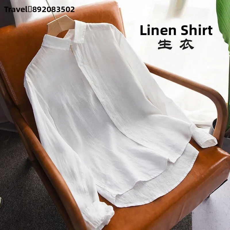 

Loose Casual Linen Cotton Shirt Men's Long Sleeve Pure Linen Material Plain Color Top Men's Collar Citywalk PU Leather
