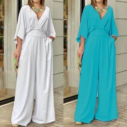 Bat Sleeve Wide Leg Solid Color Simple Temperament Elegant V-neck Women Jumpsuit Fashion Jumpsuit Loose Commuter Women Clothing