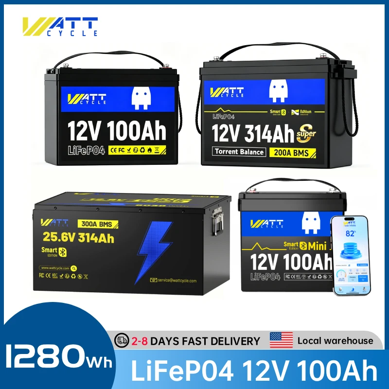 Wattcycle 12V/24V 314Ah 100Ah LiFePO4 Lithium Battery Packs 200A BMS 15000 Cycles Rechargeable For RV Camping Fishing Boats