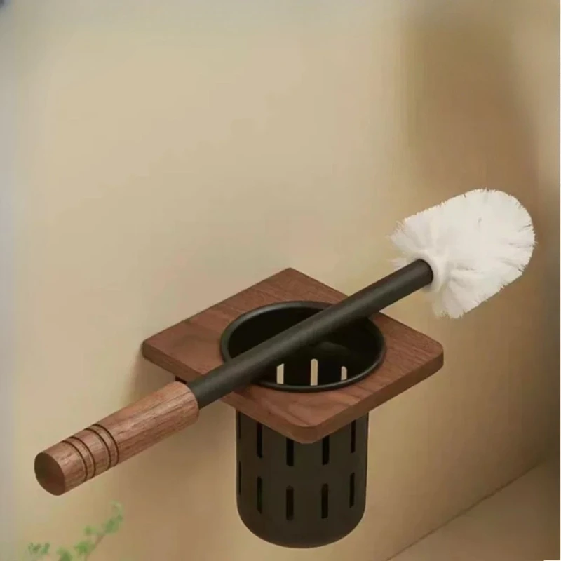 

Walnut Metal Toilet Brush Holder Wall Mounted No Dead Toilet Brush Long Handle Storage Rack Bathroom Shelf Bathroom Accessories