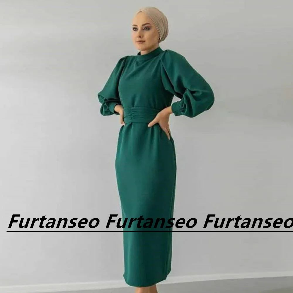 Laxsesu Jersey Mermaid Evening Gown High Neck Long Sleeve Back Zipper Simple Saudi Arabia Tea-Length Formal Occasion Dresses