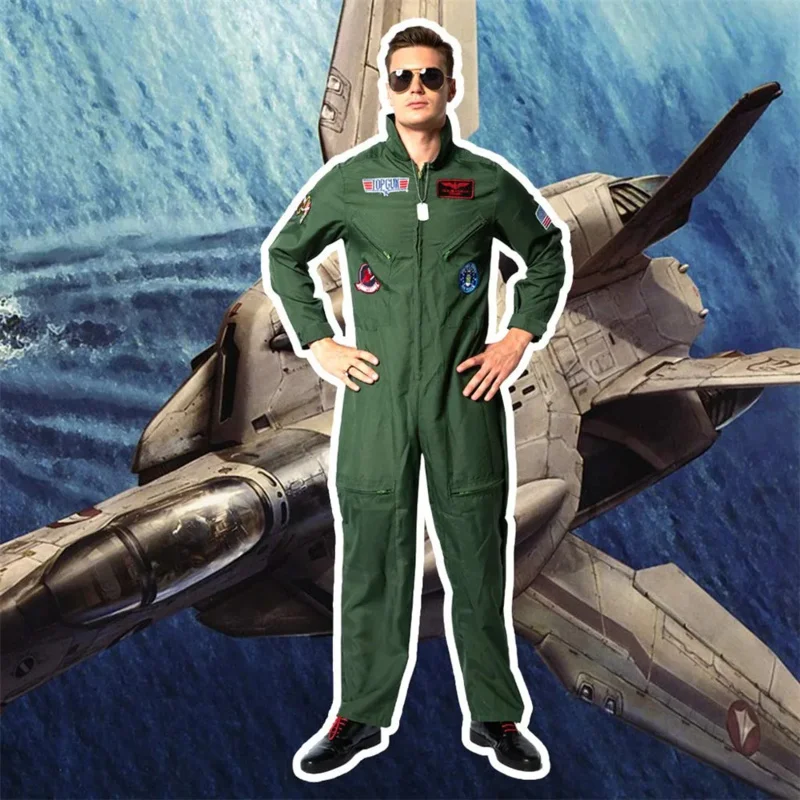 Men’s Pilot Suit 80s Movie Top Gun Air Force Uniform Adult Halloween Cosplay Costume Carnival Easter Purim Fancy Dress