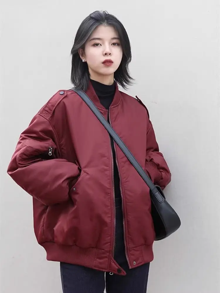 

Women Autumn Winter New Cotton Padded Coat Loose American style Pilot Jacket Thickened Baseball Style Outerwear