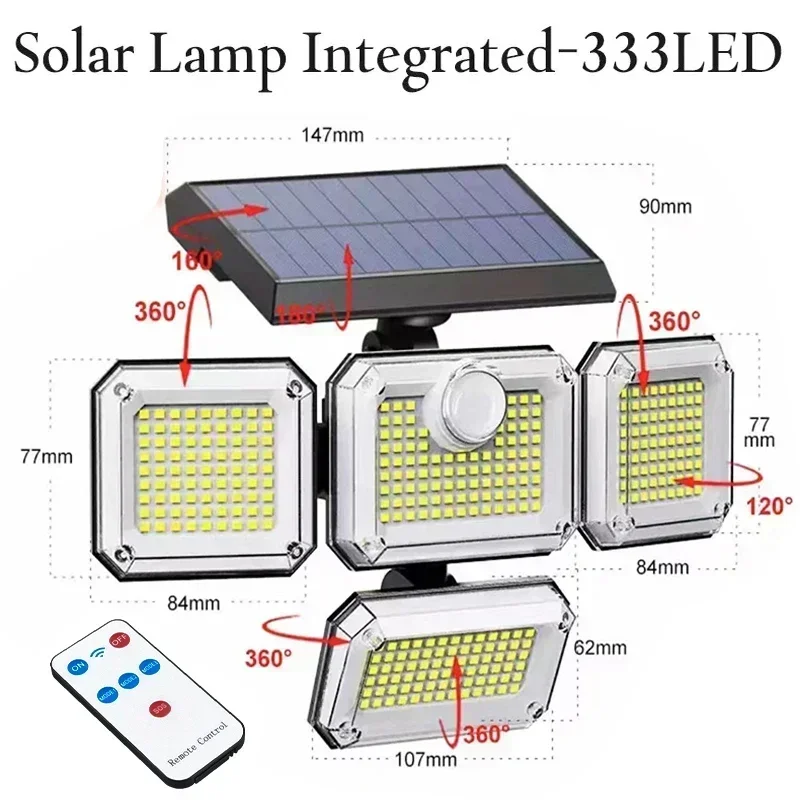 Integrated Solar Powered Light, Outdoor Waterproof with Motion Sensor, 3 Modes Wall Lamp for Garden Decoration, 333 LED