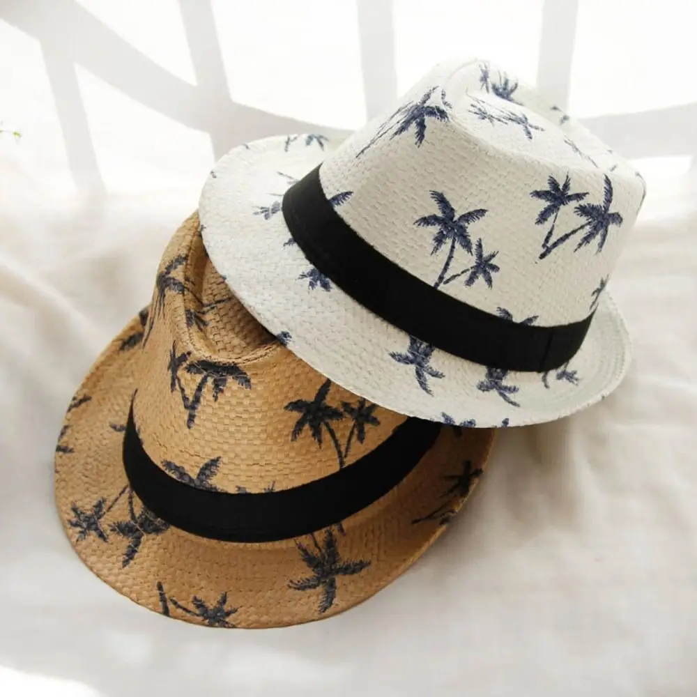 Summer Coconut Trees Pattern Straw Hat UV Protection Breathable Beach Cap Casual Wide Brim Jazz Hat Men Women