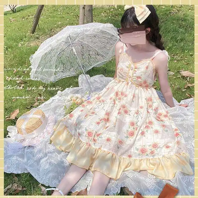 

Летнее платье в японском стиле "Лолита JSK", летнее Повседневное платье на бретельках с изображением подсолнухов и сказок, фантастическое милое праздничное платье для девушек