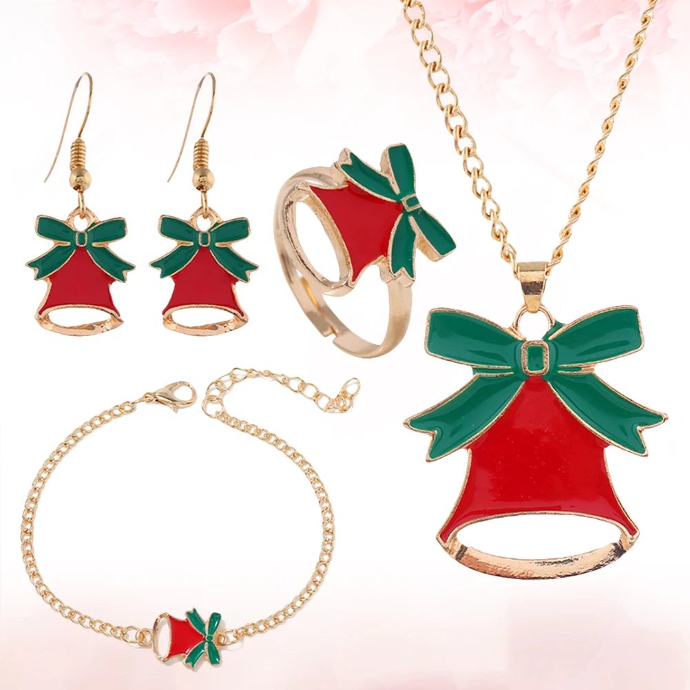 

Chic Christmas Bells Jewelry Set Includes Necklace Earrings Bracelet Ring Oil Drip Finish for Women Holiday Prom Party