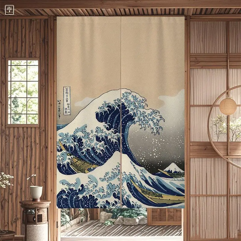 Japanese ukiyo-e Kanagawa Half Curtain Wave Mount Fuji Partition No Punching for Home Decor Door Curtain Japanese Noren Style
