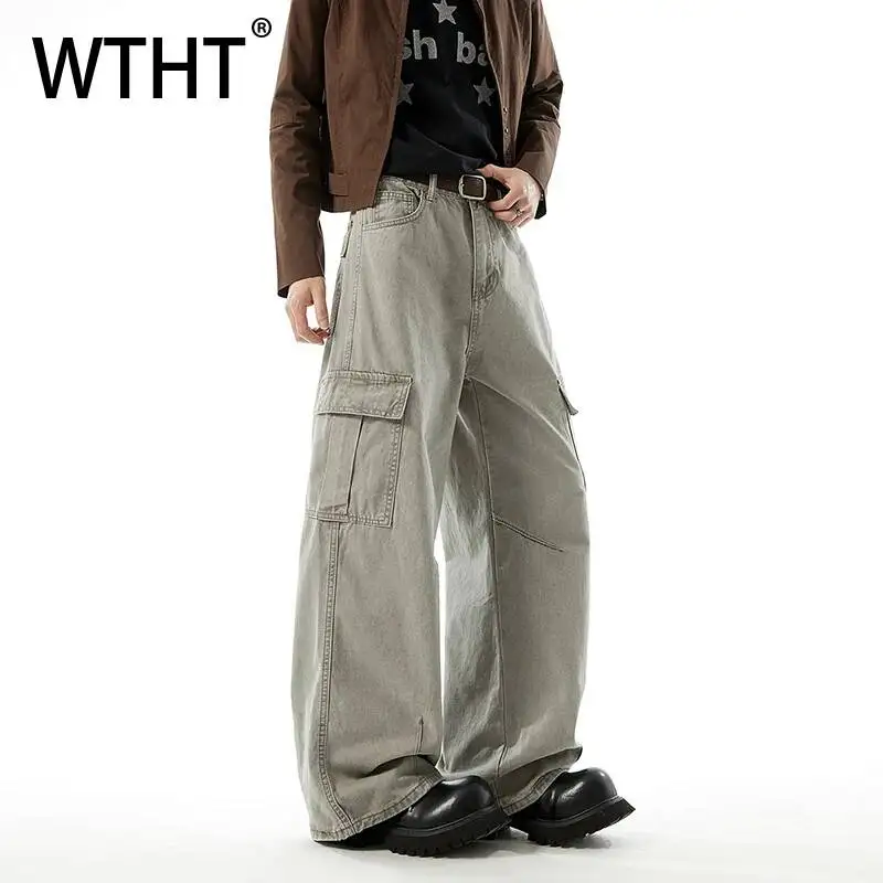 WTHT Vintage Men's Solid Color Spliced Big Pockets Cargo Pants Fashion 2026 Summer High-waisted Wide Leg Trousers Male 2A3108