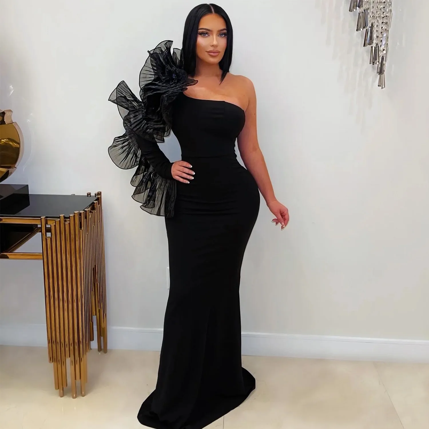 2026 New Black Ruffle Sexy One Shoulder Sleeve Dress Evening Dress Elegant Mermaid Long Order Wedding Ball Party Dress