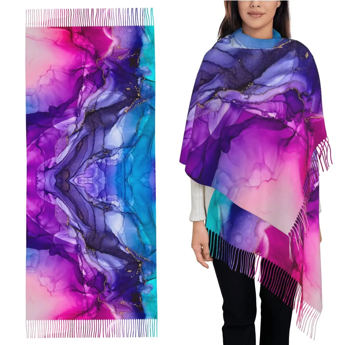 

Абстрактный яркий Радужный шарф с эффектом омбре, шарфы с кисточками для женщин, мягкие теплые шали и накидки, большая осенне-зимняя шаль