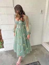 Romantic Vintage Green Prom Dress Princess Puff Long Sleeve Floral Embroidery Women Evening Dress Cocktail Girls Birthday Outfit