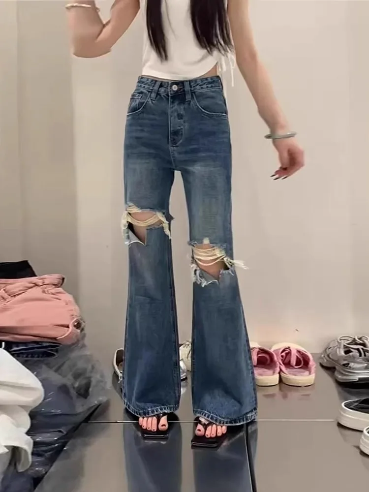 아메리칸 슬레 레트로 홀 데님 진 여성 플러스 사이즈 하이웨이스트 엘라스틱 슬리밍 마이크로 플레어 팬츠 캐주얼웨어 여름용