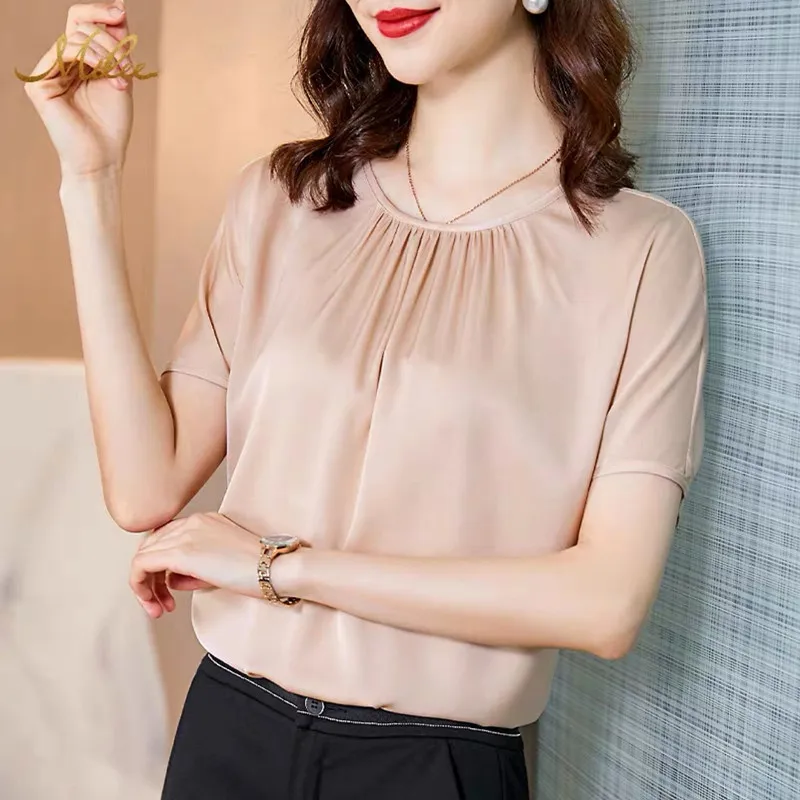 Summer Office Women's Chiffon Blouse plus Size Short Sleeve Acetate Satin Artificial Silk Fashion Top Lady Moda Blsuas Mujer