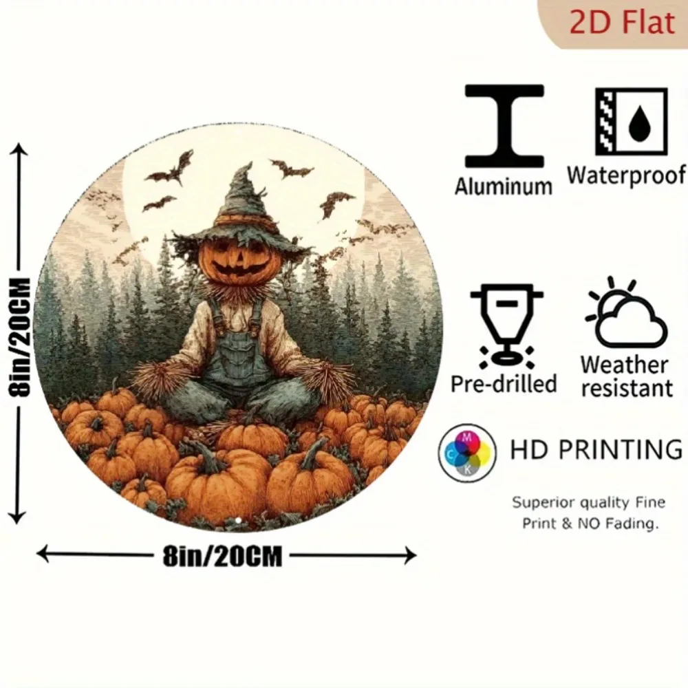 2D Flat Vintage Halloween Scarecrow Metal Decor - Round Aluminum Sign with Pumpkin Bats Moon, Waterproof Indoor