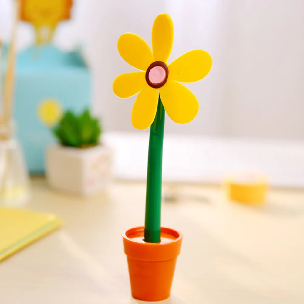 

4 pcs Sunflower Shaped Flower Pot Cap Creative Roller Pen For Students Novelty Writing Pen 0.5Mm Black Refillable Pens