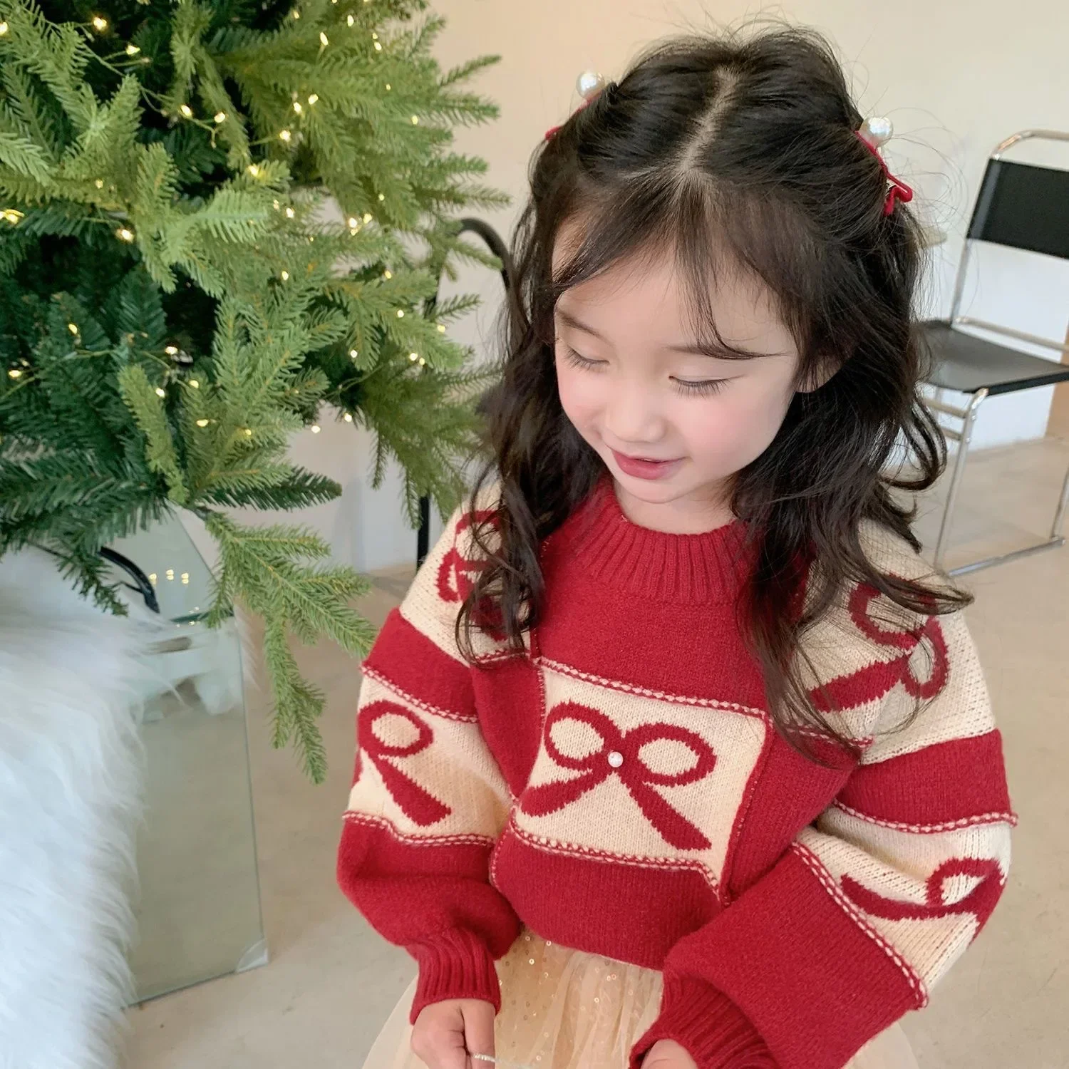 Girls Red Sweater Thickened 2024 Autumn and Winter New Style Children\'s Knitwear Children\'s Christmas New Year Line Clothing