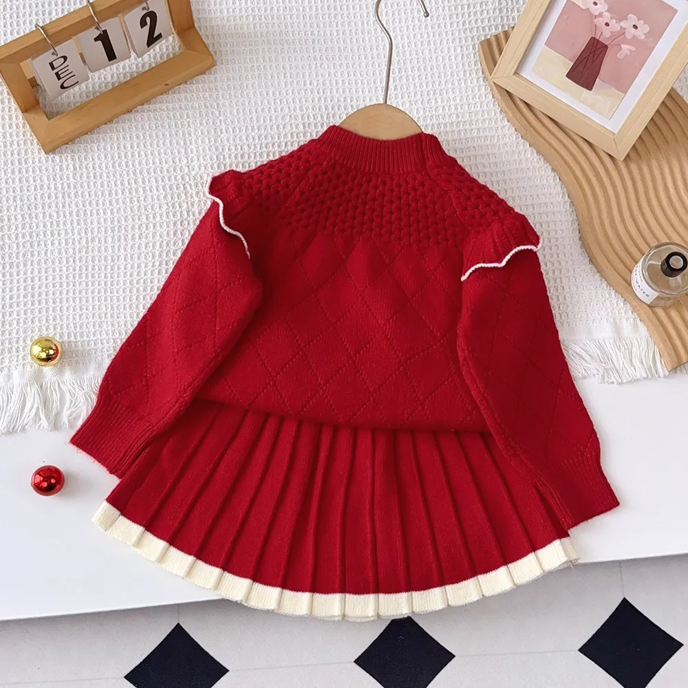 Bear Leader Red Christmas Outfits Girls Clothes Diamond Grid Wave Knitted Sweater+Skirt 2-piece Set Autumn Winter Warm Wear