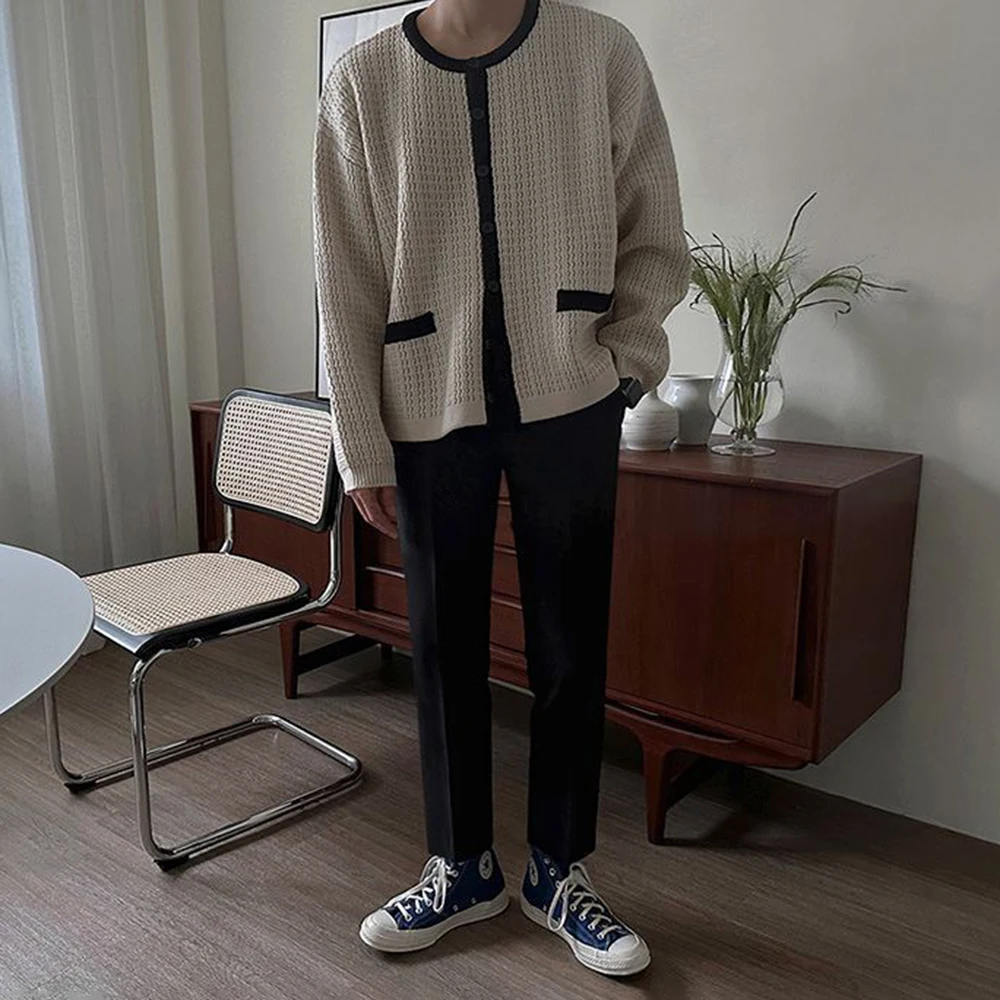 Mens Sweater Contrast Color Texture Casual Knit Sweater Autumn Streetwear Fashion All-Match Youth Long-Sleeve Top Men'S Clothing