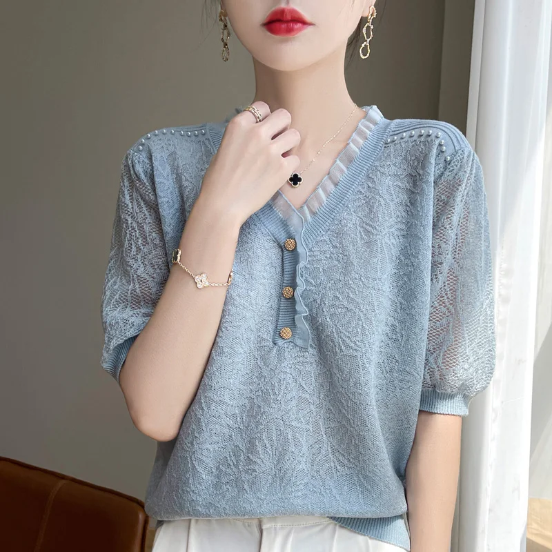 YSC New Fashion Women\'s V-neck Pullover Wool Knitted Sweater Lace short sleeved High quality Casual clothing Korean Fashion
