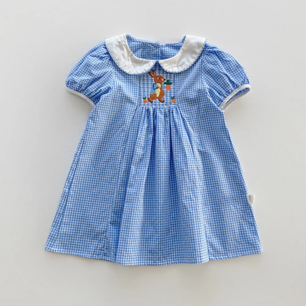 

summer baby girls clothes kids dress cotton cute Cartoon bunny embroidery Blue checkered pattern short sleeved dress