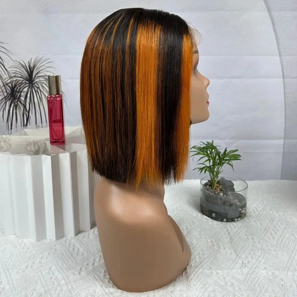 10 Inch Colored 1B/350 Burnt Orange Straight Short Bob Lace Front Wigs Human Hair 4x4 Transparent Lace Frontal Wigs 200% Density