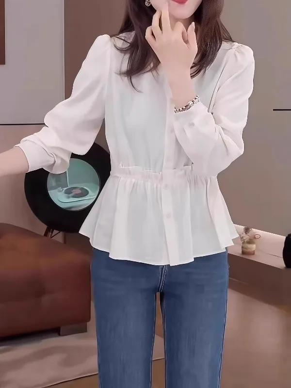 

Женская блузка с V-образным вырезом и длинными рукавами, с эффектом похудения, с завязками на талии, модная, больших размеров, новинка весенней коллекции