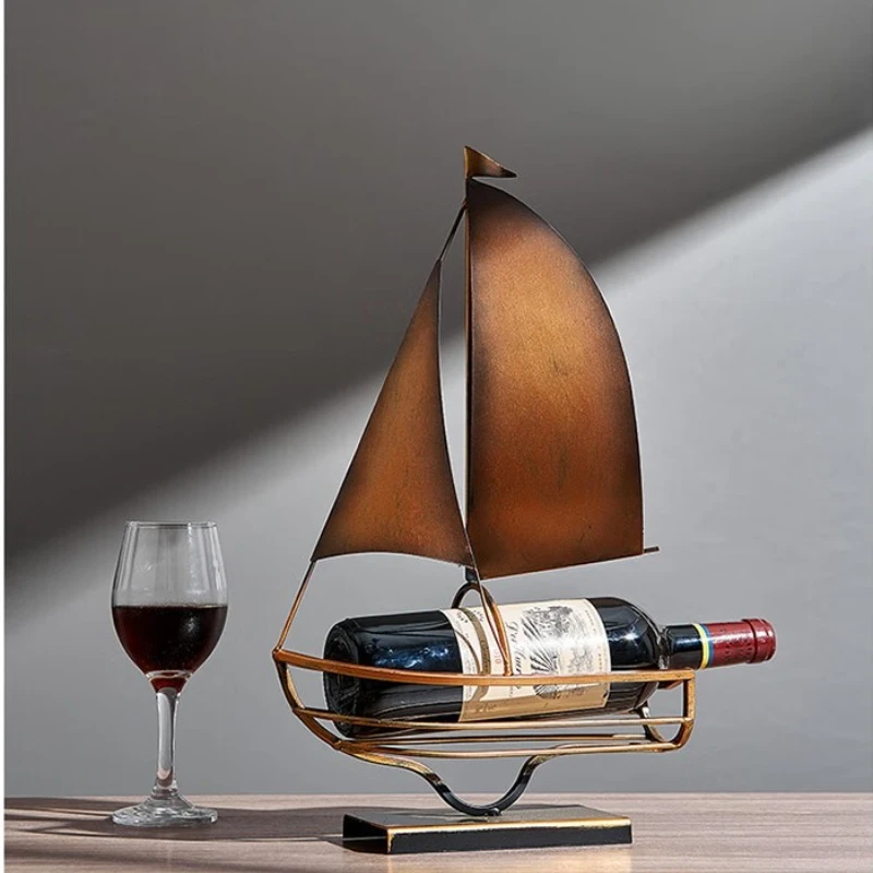 

1Pcs Creative Retro Wine Rack Wrought Iron Sailboat Decorative Ornament Home Living Room Handicraft Storage Shelf